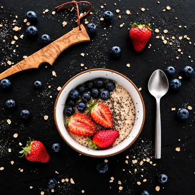 Bol de porridge aux fruits rouges sur ardoise, vu du dessus