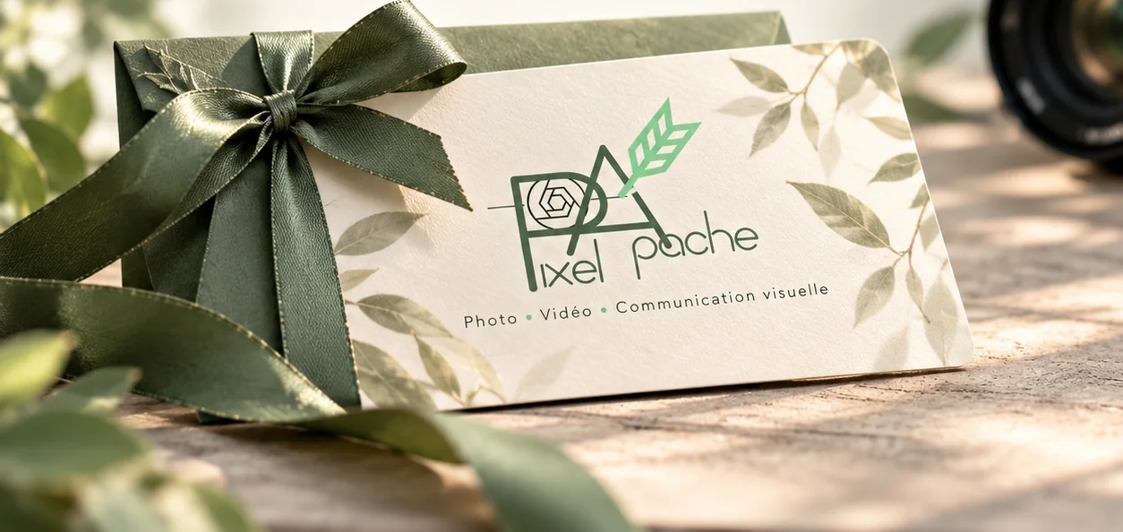 Carte cadeau Pixel Apache, nouée d’un ruban vert, posée sur une table en bois